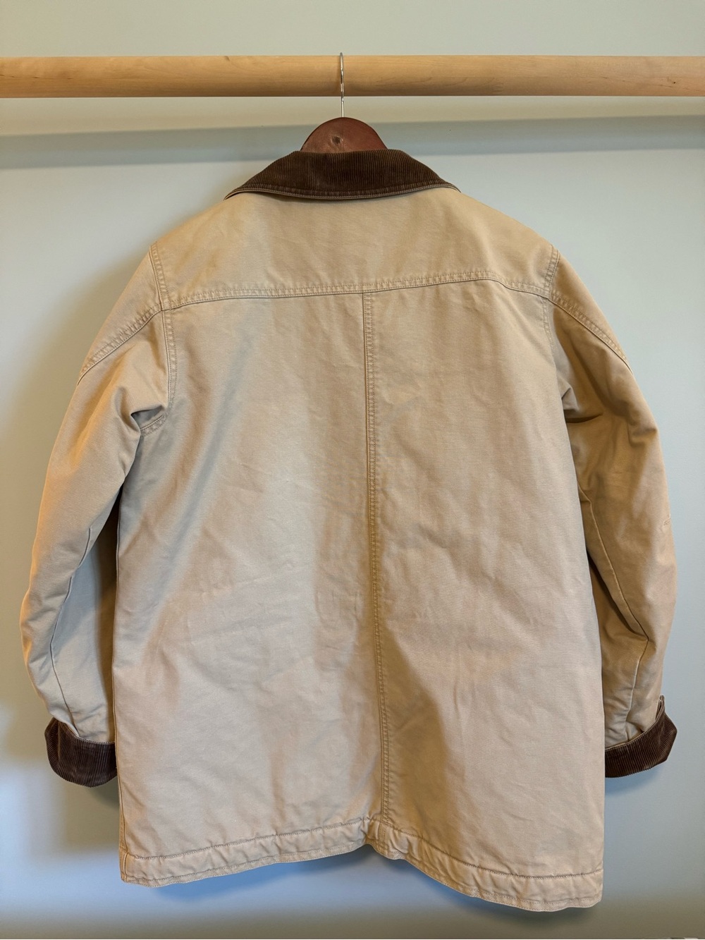 L.L. Bean Women's Khaki Barn Coat with Brown Corduroy Collar - Picture 3 of 10